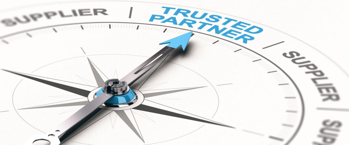 2BR7GWJ 3D illustration of a compass with needdle pointing the text trusted partner. Concept of trustworthy partnership.